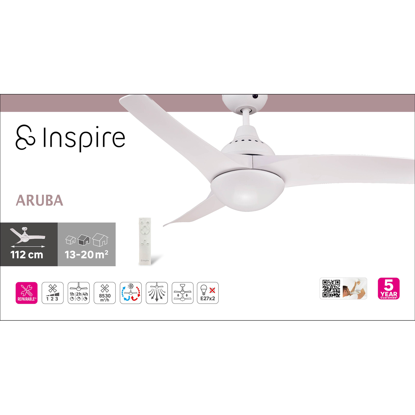 ARUBA CEILING FAN 3 BLADES D112 2XE27 46W PLASTIC WHITE