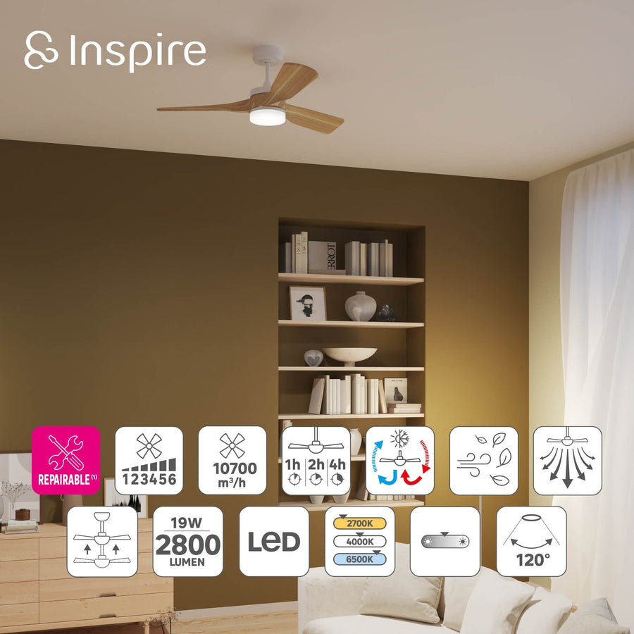 Bricocenter CHRIS CEILING FAN METAL LIGHT WOOD D112 CM LED 45W CCT DIMMABLE 3 BLADES