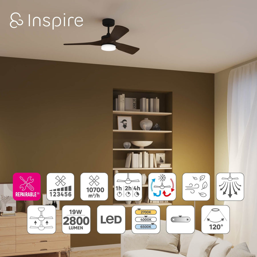 Bricocenter CHRIS D112 CM BLACK METAL AND WOOD CEILING FAN LED 19W CCT DIMMABLE 3 BLADES