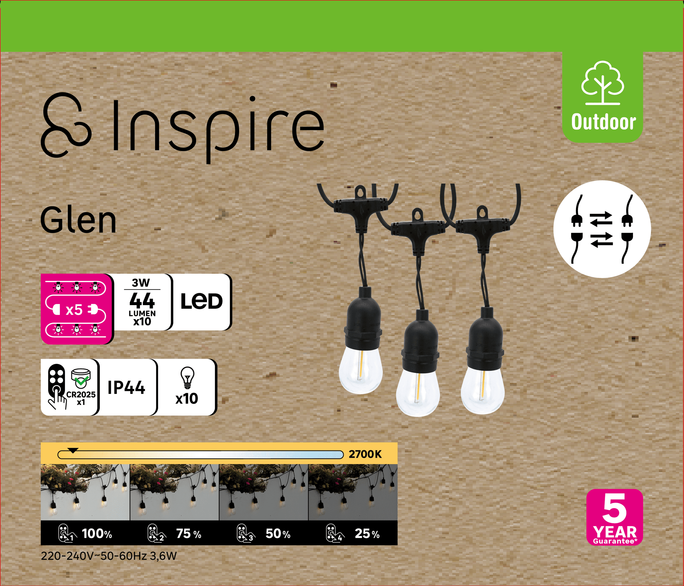 Glen LED string lights, 7.6 m, 10 x 44 lm, warm light, IP54