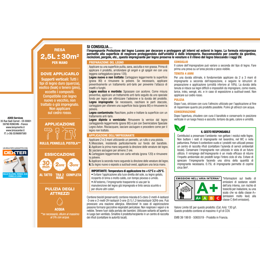 Bricocenter COLORLESS WATER-BASED WOOD PROTECTIVE IMPREGNATING AGENT LUXENS 2.5 LT