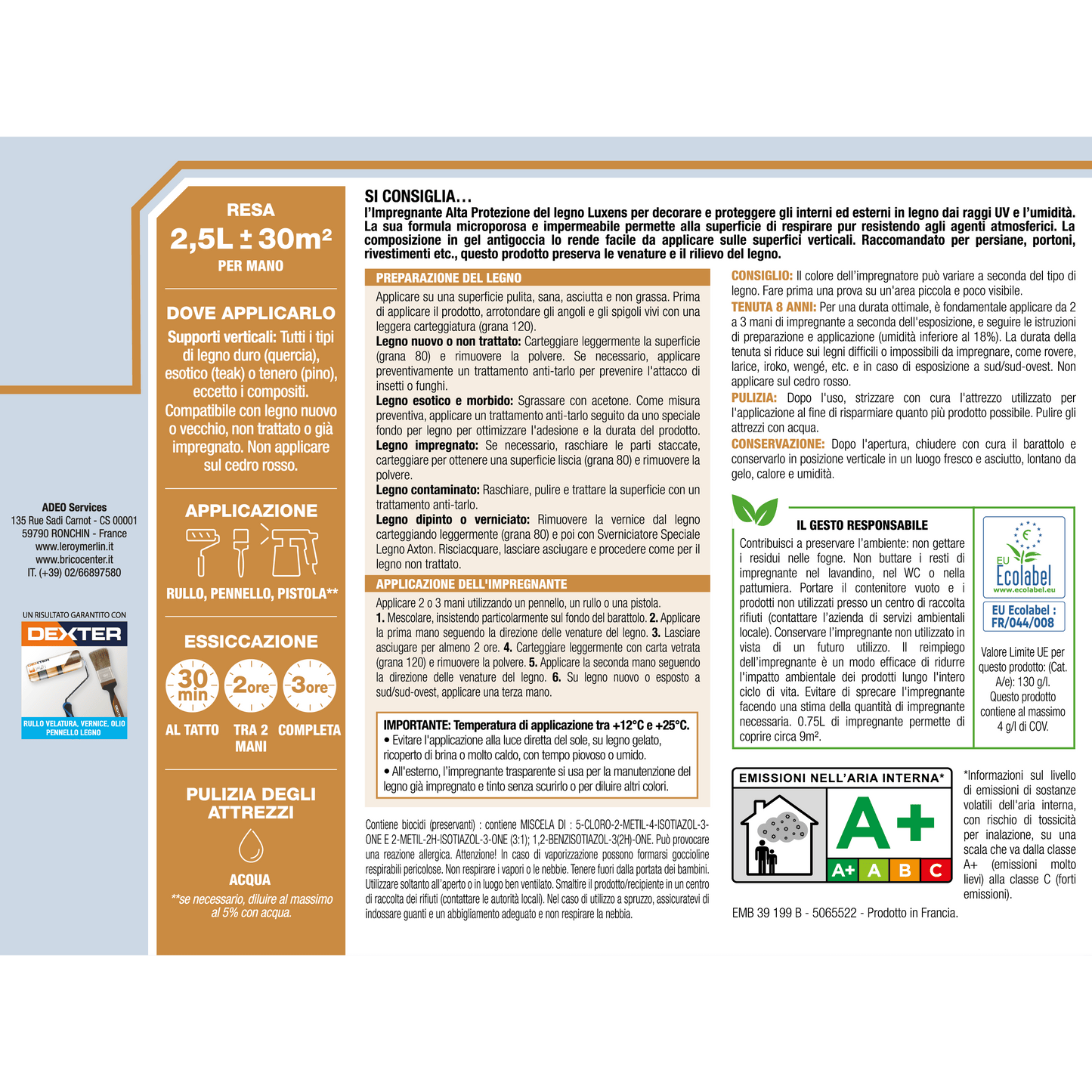 Bricocenter WATER-BASED WHITE HIGH PROTECTION LUXENS WATER-BASED WOOD PRESERVATIVE IMPREGNATING AGENT 2.5LT