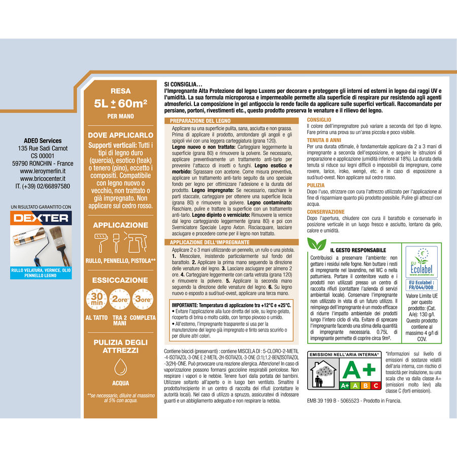 Bricocenter WATER-BASED WOOD PROTECTIVE IMPREGNATING AGENT DARK WALNUT HIGH PROTECTION LUXENS 5 LT