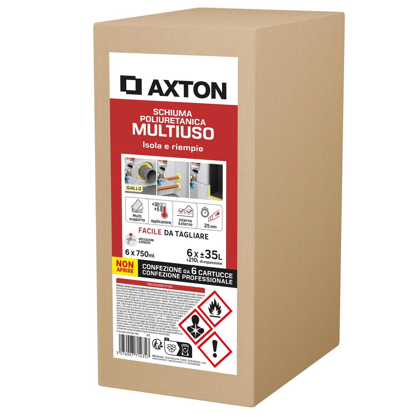 Bricocenter 6-PIECE SET OF MULTI-PURPOSE POLYURETHANE FILLING FOAM FOR AXTON GUN 750ML