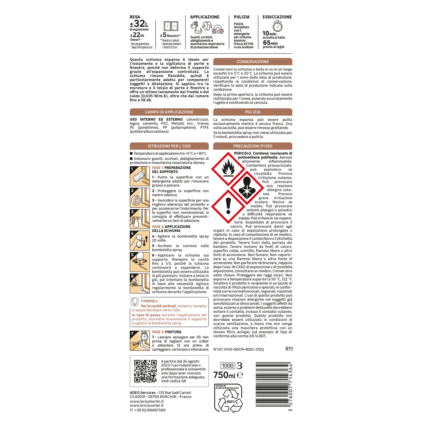 Bricocenter POLYURETHANE WINDOW AND DOOR FILLING FOAM WITH STRAW AXTON 750ML