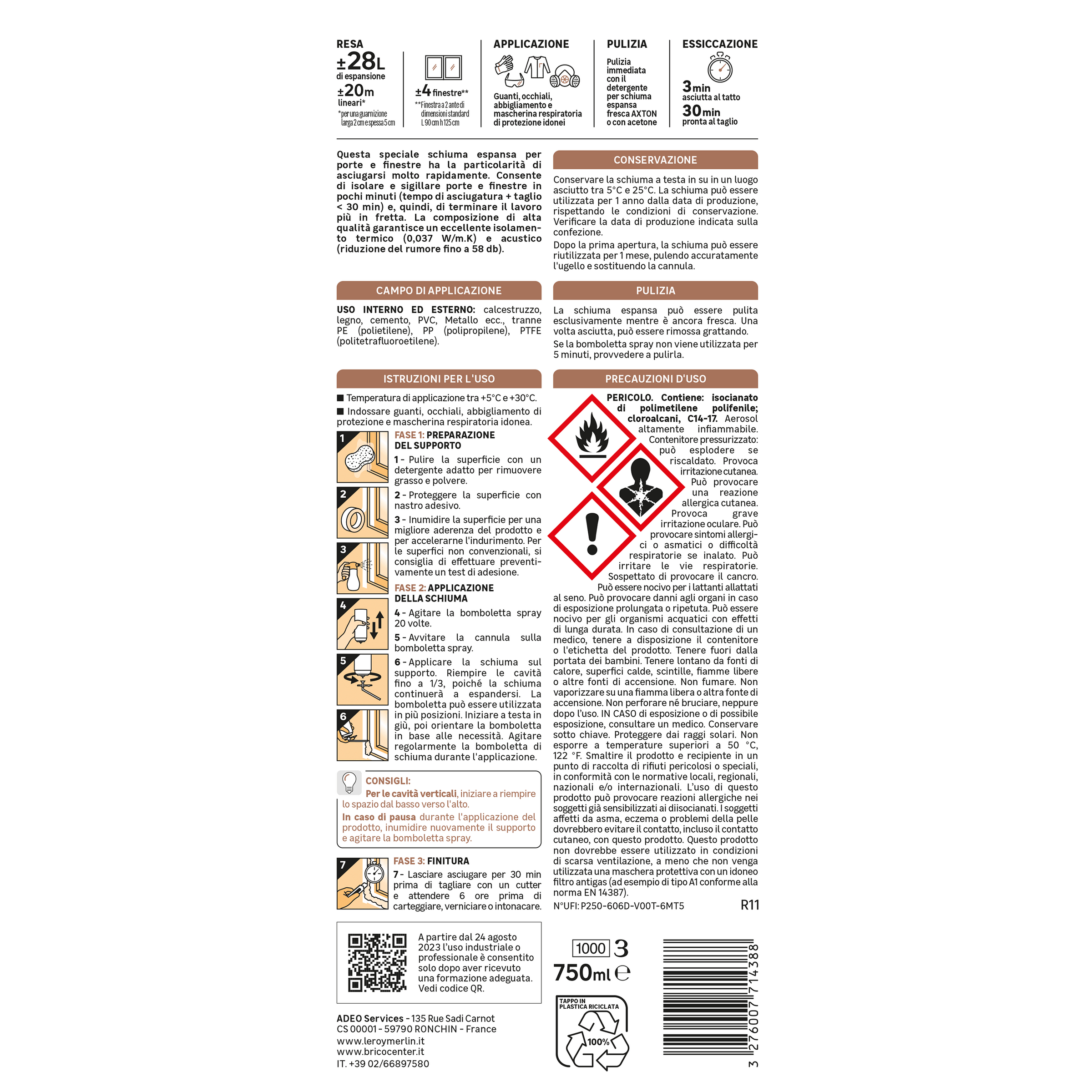 Bricocenter AXTON 750ML RAPID WINDOW AND DOOR FILLING POLYURETHANE FOAM WITH STRAW