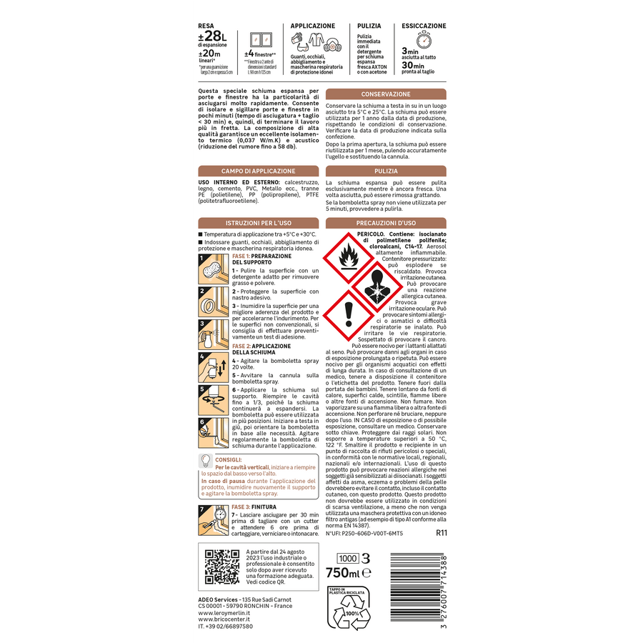 Bricocenter AXTON 750ML RAPID WINDOW AND DOOR FILLING POLYURETHANE FOAM WITH STRAW