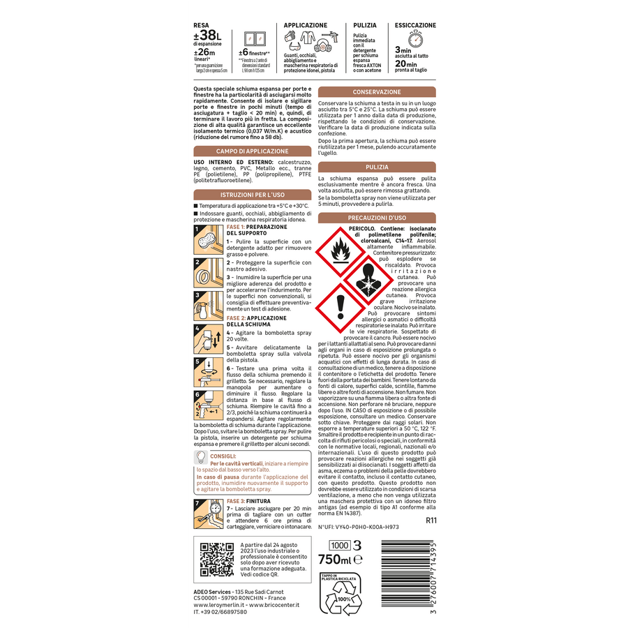 Bricocenter AXTON GUN RAPID WINDOW AND DOOR FILLING POLYURETHANE FOAM 750ML