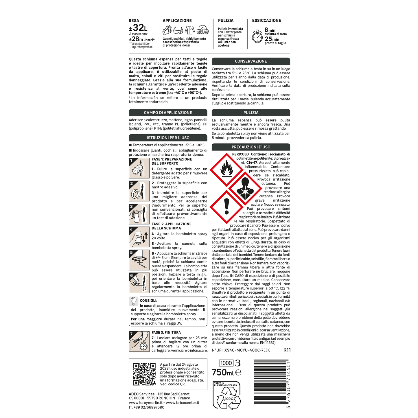 Bricocenter POLYURETHANE ADHESIVE FOAM TERRACOTTA ROOFS AND TILES WITH STRAW AXTON 750ML