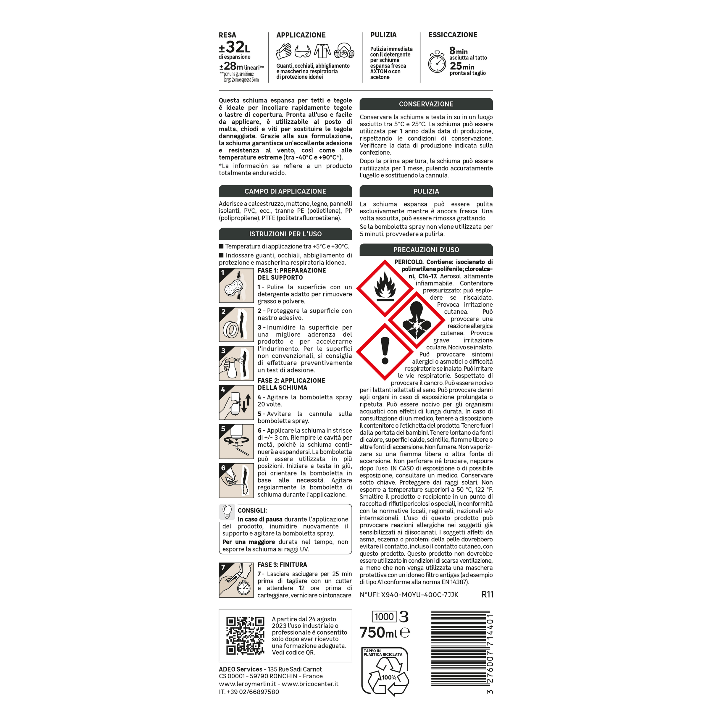 Bricocenter POLYURETHANE ADHESIVE FOAM TERRACOTTA ROOFS AND TILES WITH STRAW AXTON 750ML