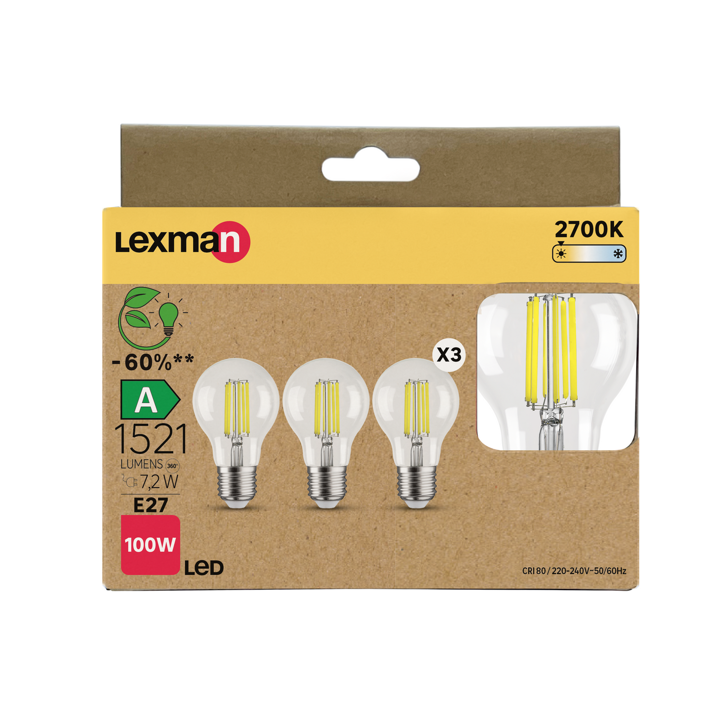 3 LED BULBS CLASS A E27=100W WARM LIGHT