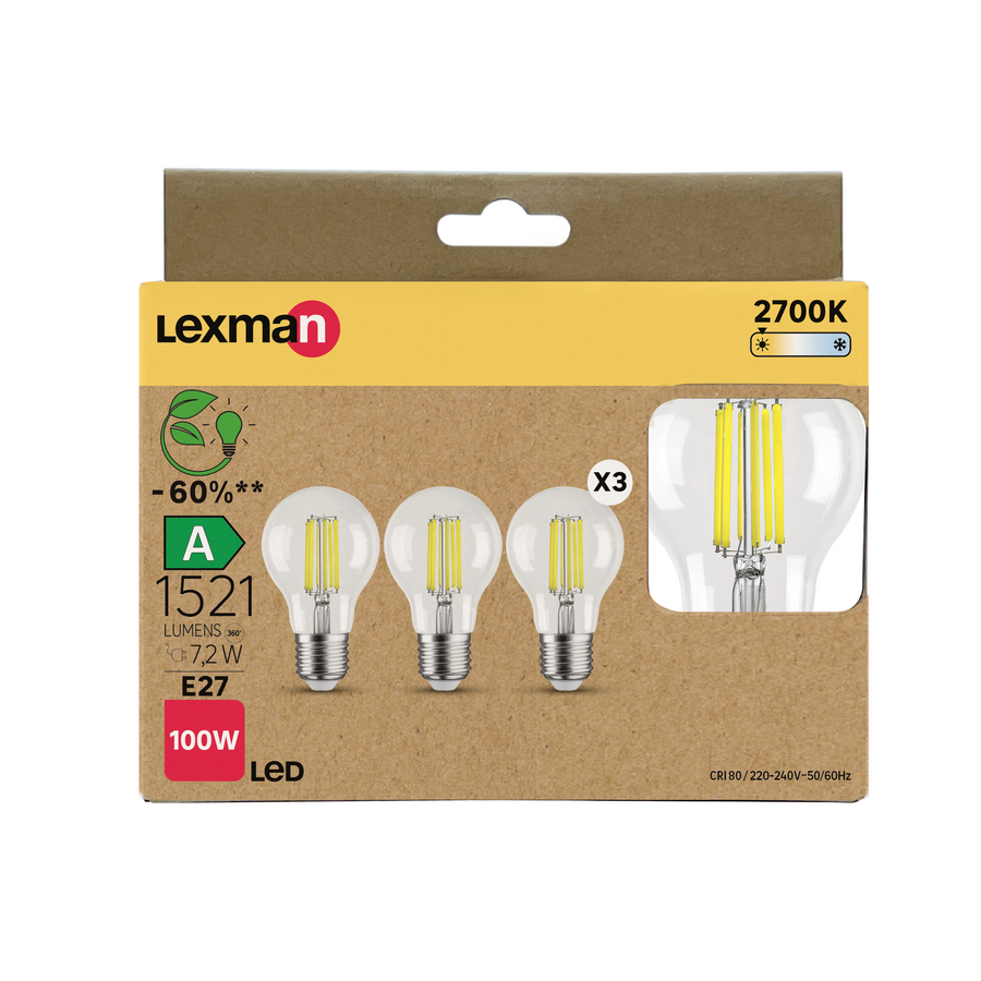3 LED BULBS CLASS A E27=100W WARM LIGHT