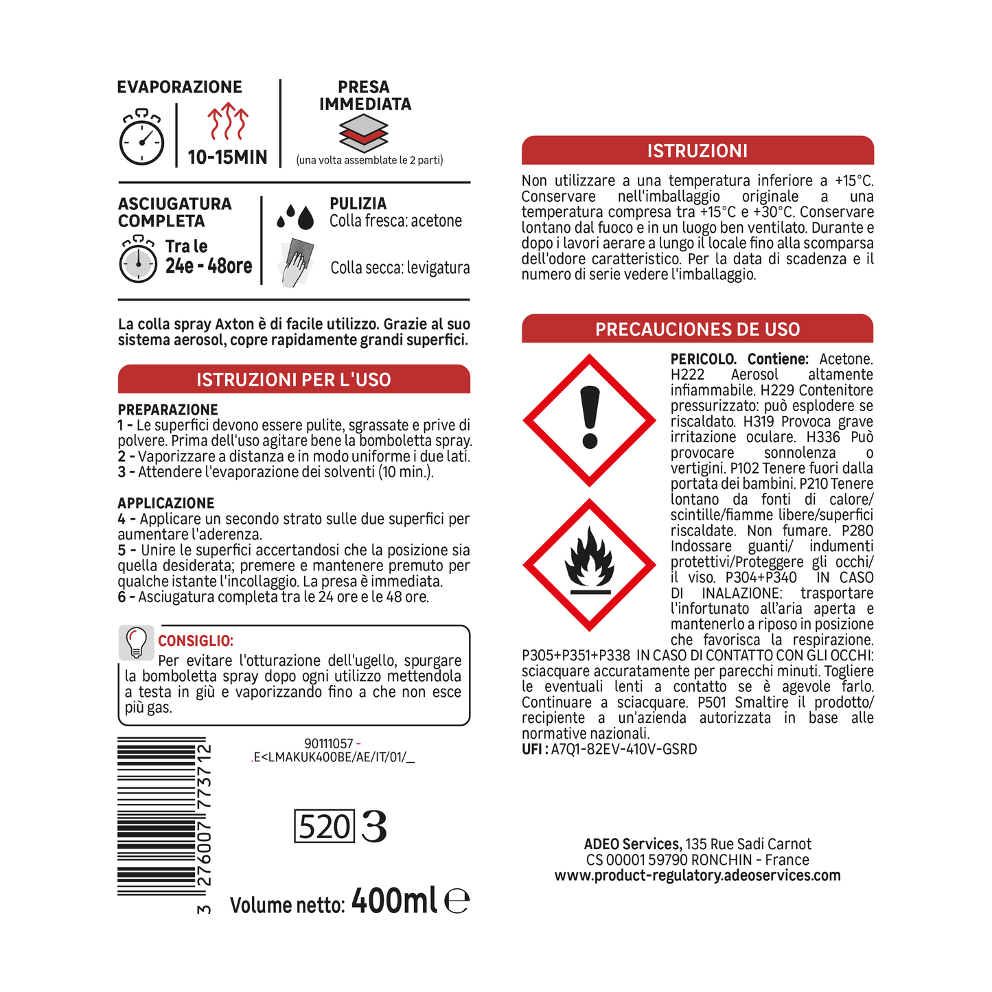 AXTON 400ML MULTIPURPOSE CONTACT SPRAY GLUE