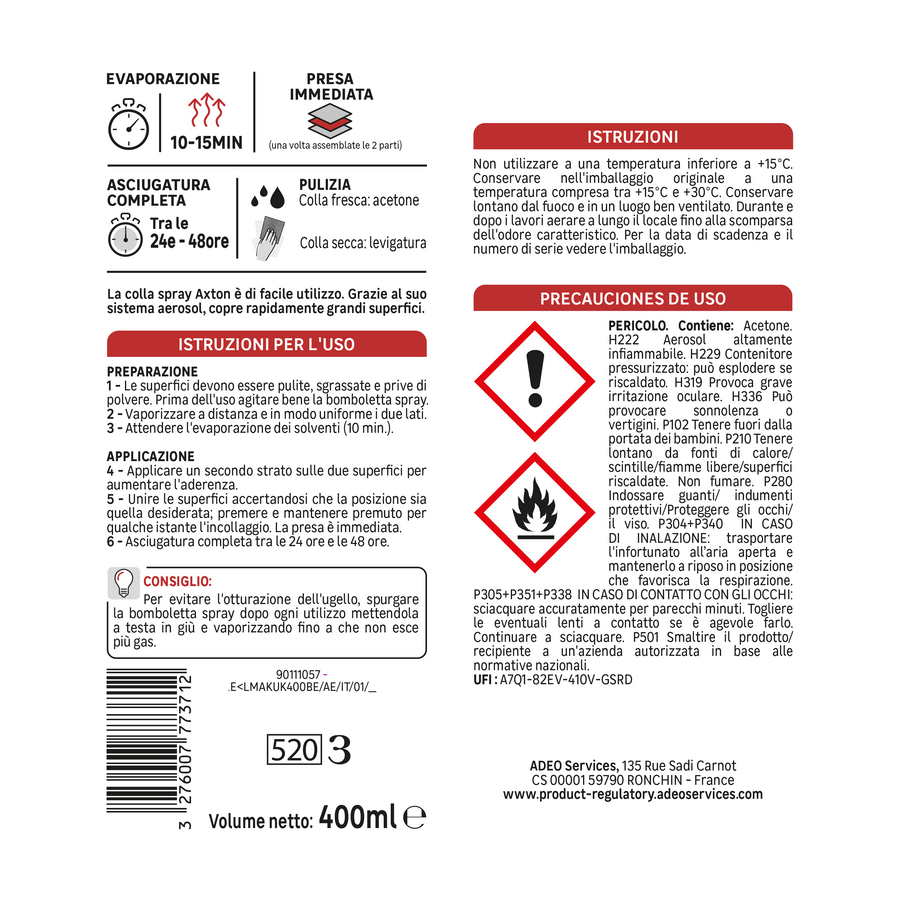 AXTON 400ML MULTIPURPOSE CONTACT SPRAY GLUE