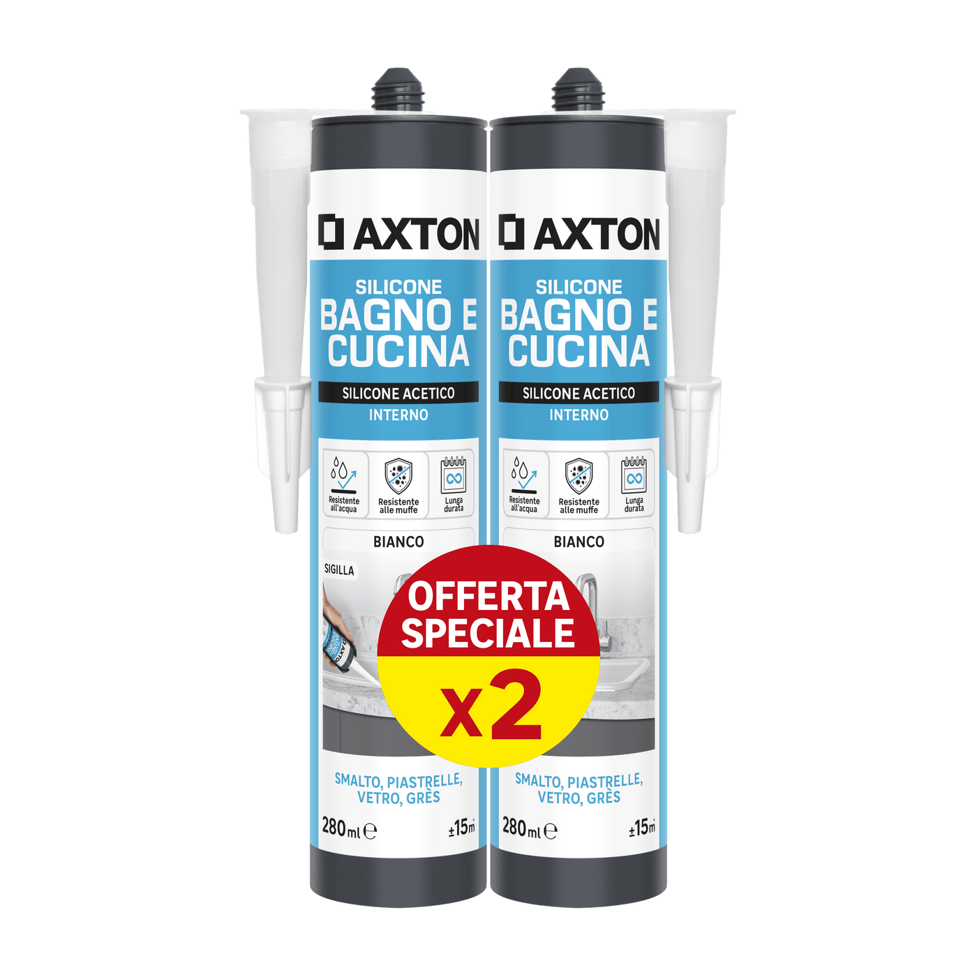 Bricocenter BI-PACK ACETIC SILICONE BATHROOMS AND KITCHENS WHITE AXTON 280 ML