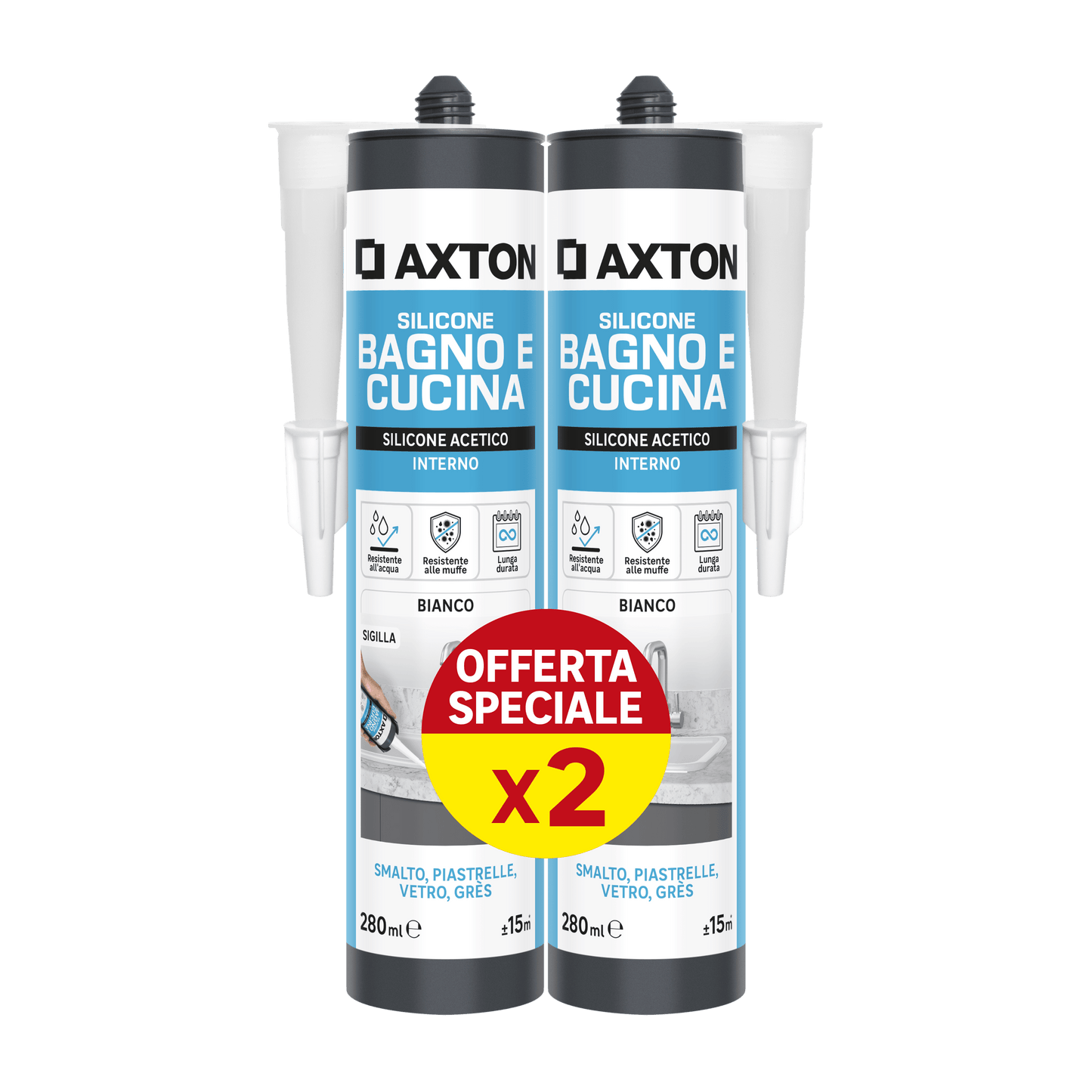 BI-PACK ACETIC SILICONE BATHROOMS AND KITCHENS WHITE AXTON 280 ML