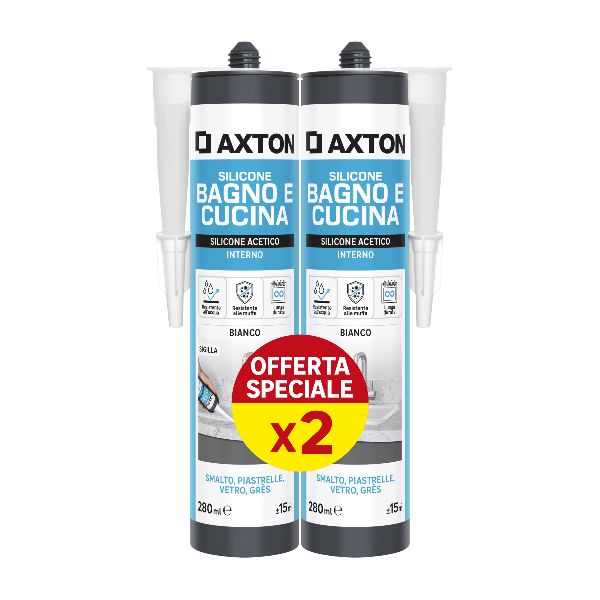 Bricocenter BI-PACK ACETIC SILICONE BATHROOMS AND KITCHENS WHITE AXTON 280 ML