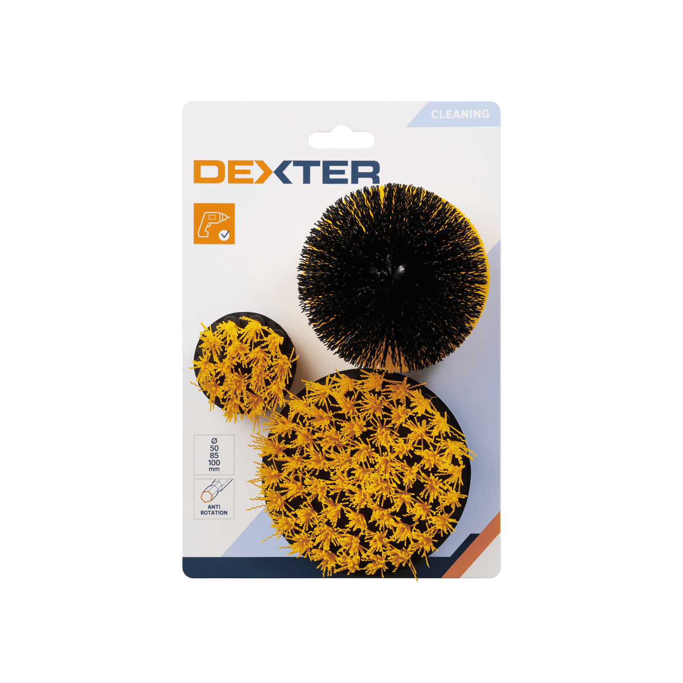 Dexter set of drill-mounted brushes for cleaning polypropylene filaments, 50/85/100 mm, 3-piece set