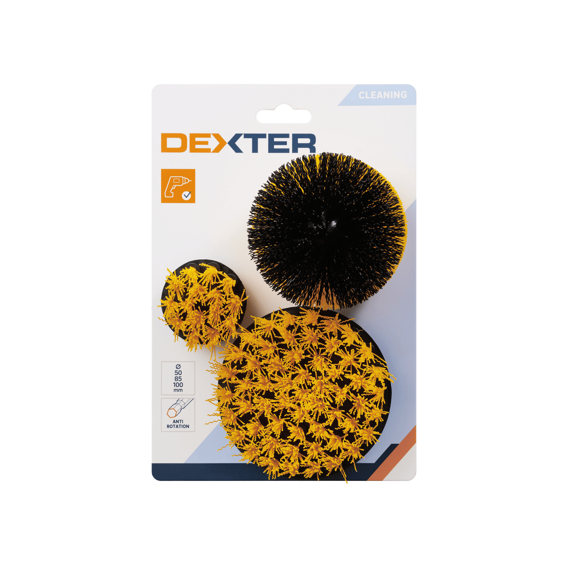 Dexter set of drill-mounted brushes for cleaning polypropylene filaments, 50/85/100 mm, 3-piece set