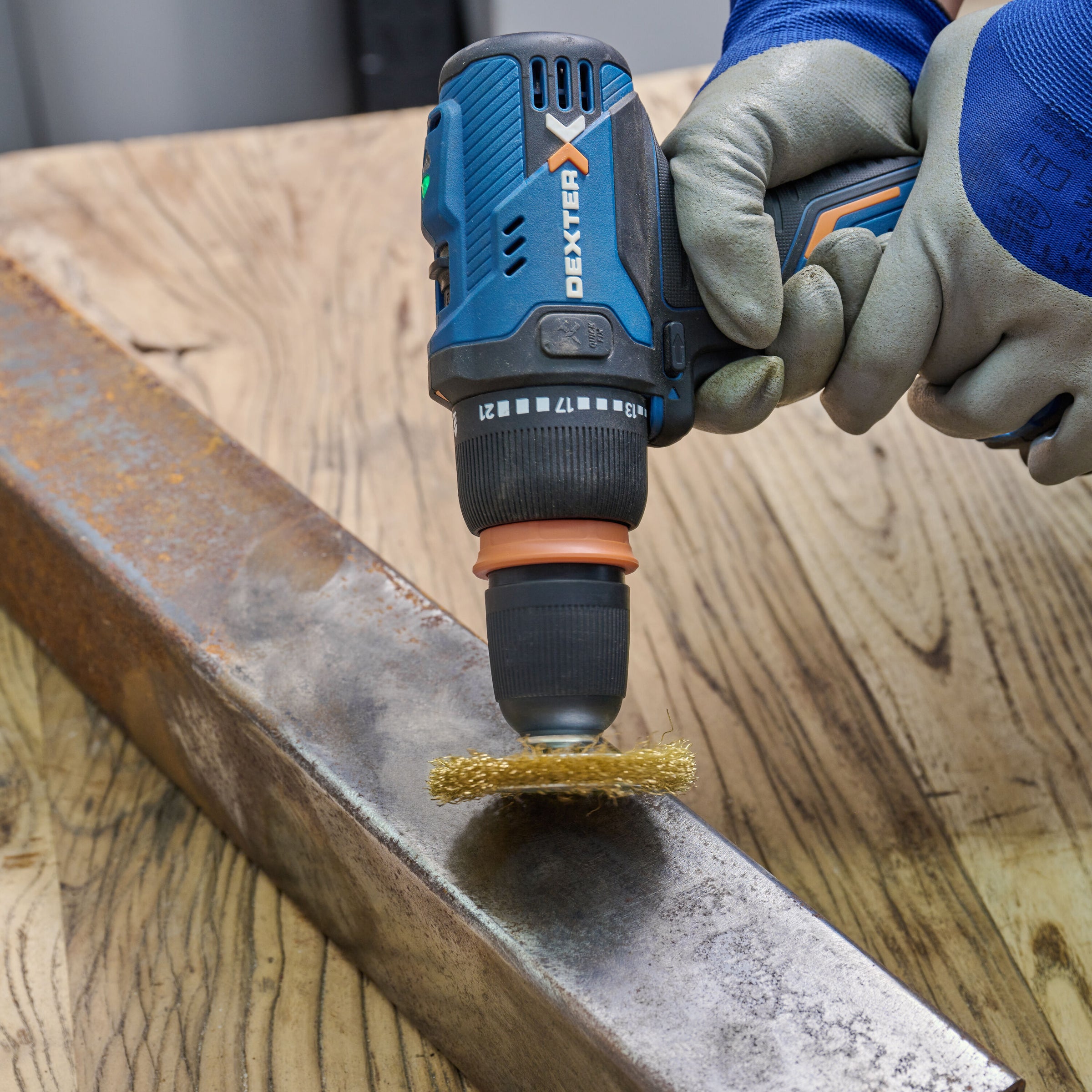 DEXTER DRILL WIRE WHEEL BRUSH FOR FINE DUSTING OF CRIMPED BRASS WIRES