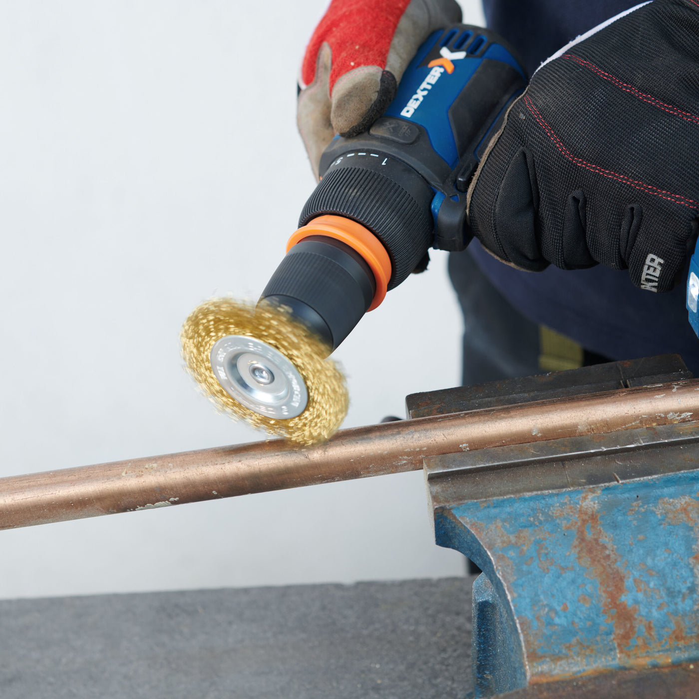DEXTER DRILL WIRE WHEEL BRUSH FOR FINE DUSTING OF CRIMPED BRASS WIRES