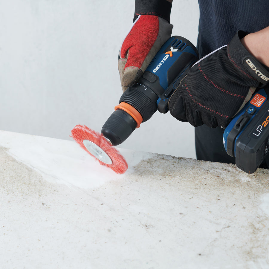 DEXTER DRILL WIRE WHEEL BRUSH FOR FINE DUSTING RED NYLON BRISTLES 10