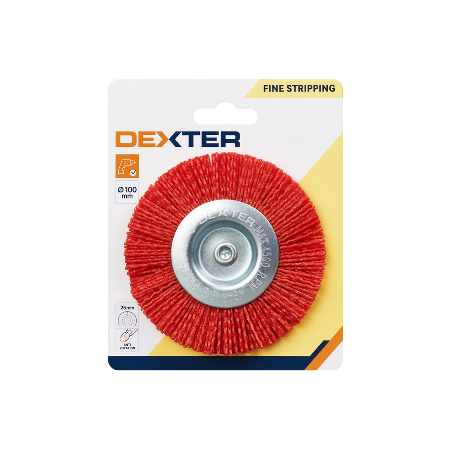 DEXTER DRILL WIRE WHEEL BRUSH FOR FINE DUSTING RED NYLON BRISTLES 10