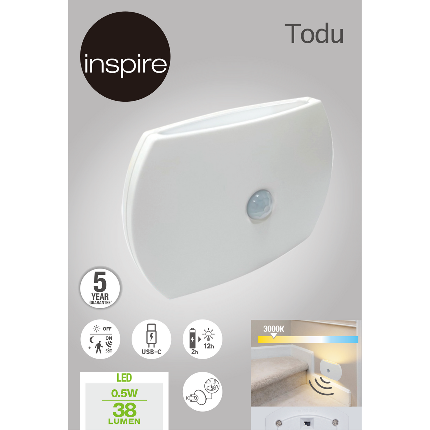 SECURITY LIGHT TODU PLASTIC WHITE 10CM LED 40LM WARM LIGHT WITH SENSOR