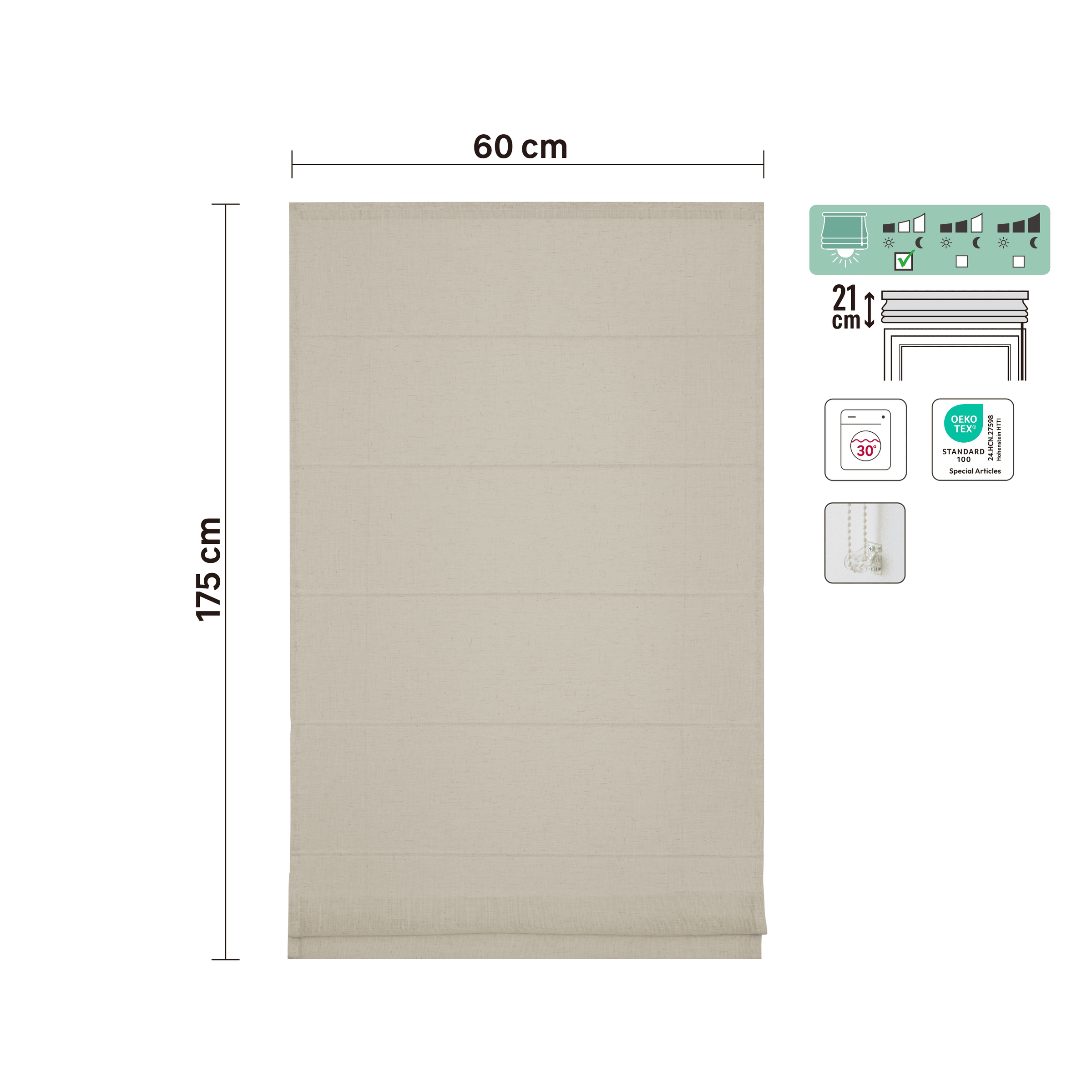 Teo pleat Roman blind, natural, 60x175 cm