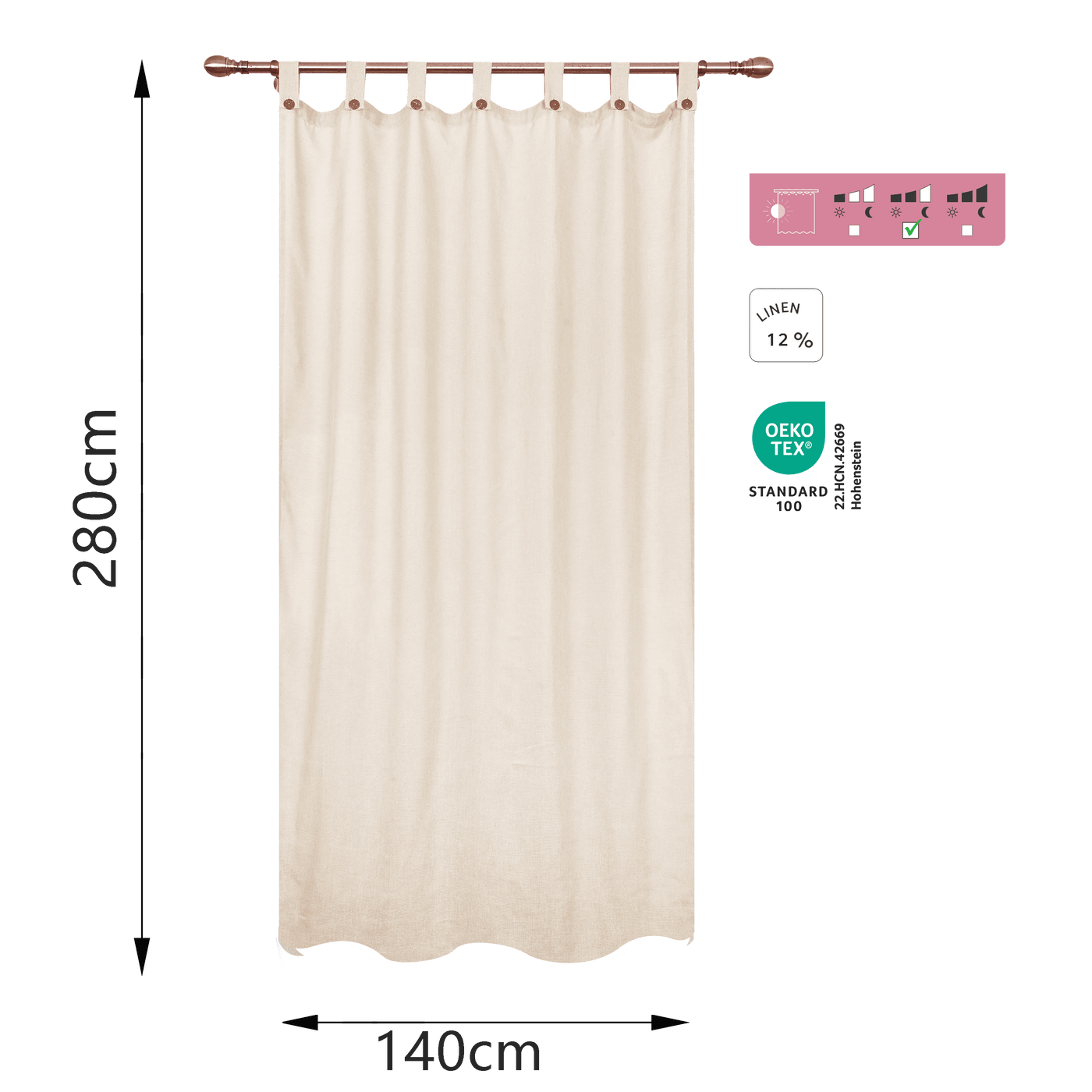 Charlina curtain, 140x280cm, opaque ecru, with loops and buttons