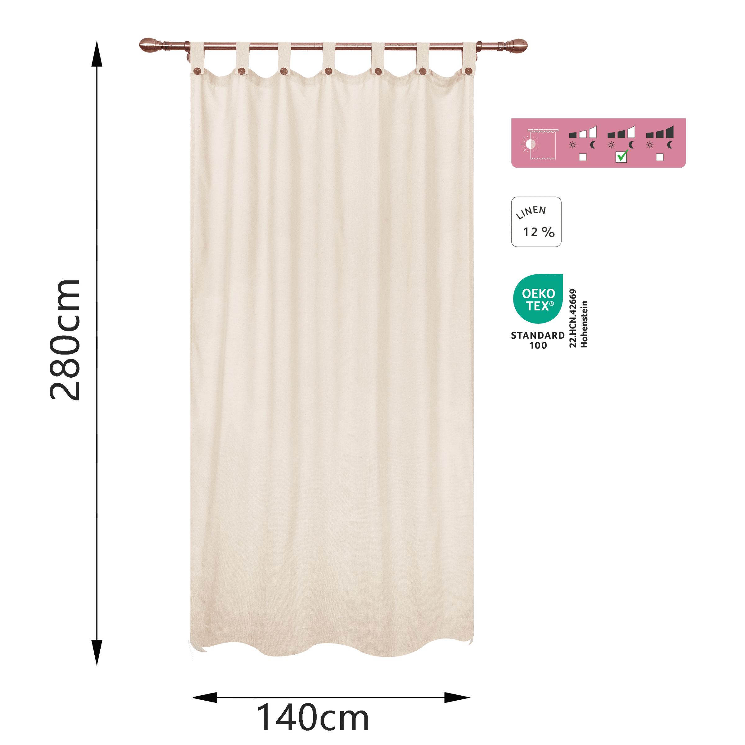 Charlina curtain, 140x280cm, opaque ecru, with loops and buttons