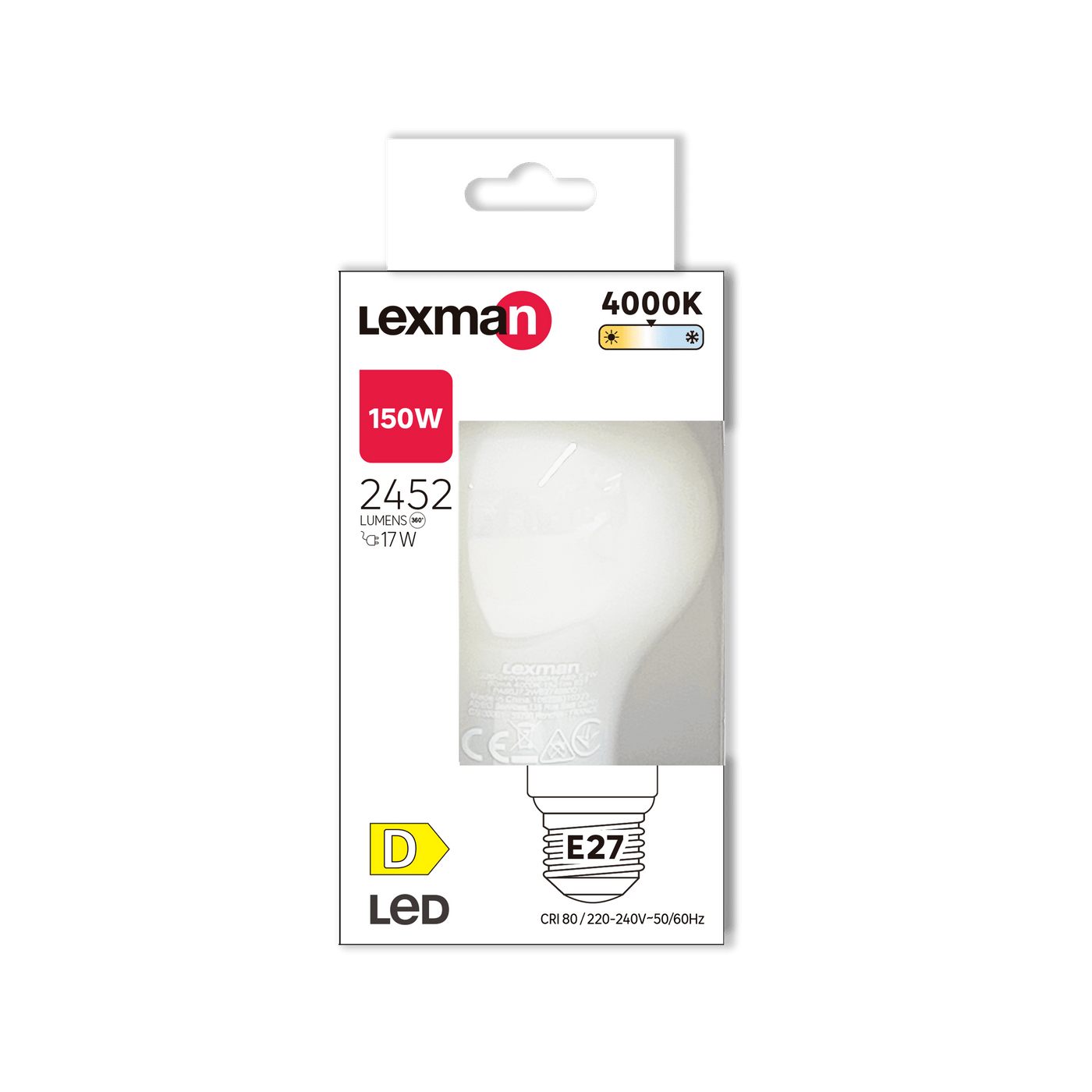 E27 LED bulb = 150W, frosted teardrop shape, natural light