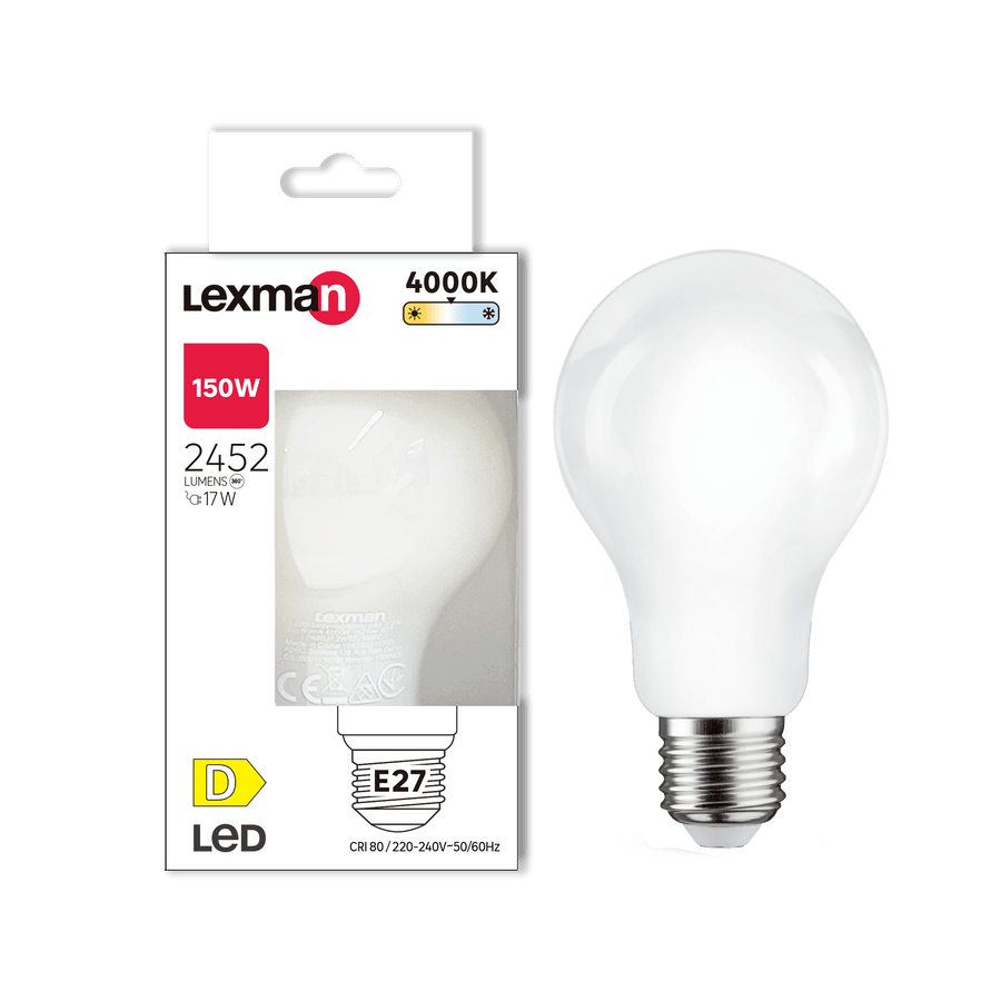 E27 LED bulb = 150W, frosted teardrop shape, natural light