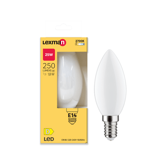 E14 LED bulb = 25W frosted candle, warm light