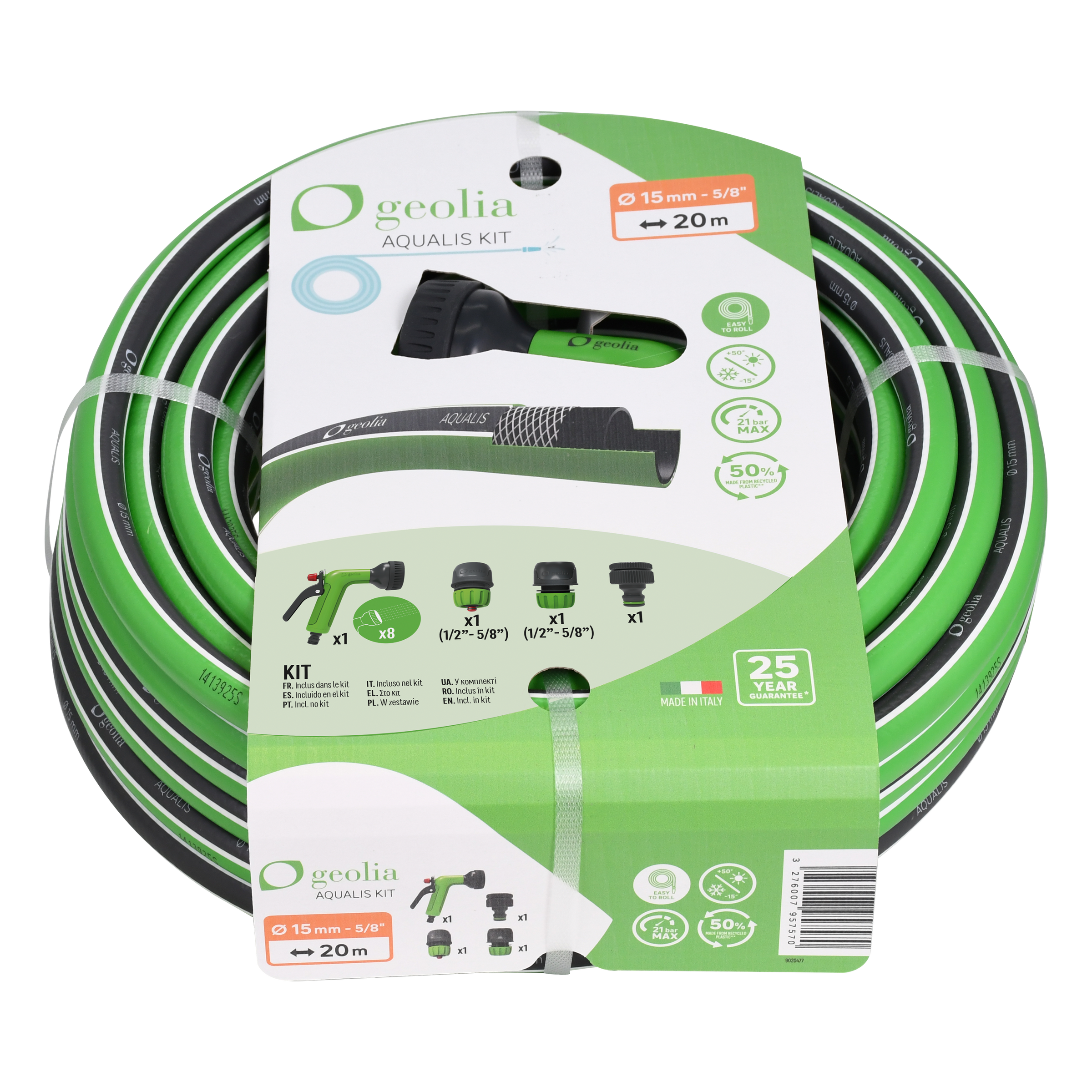 Aqualis watering hose, 15mm diameter, 20 metres, with Geolia spray gun kit