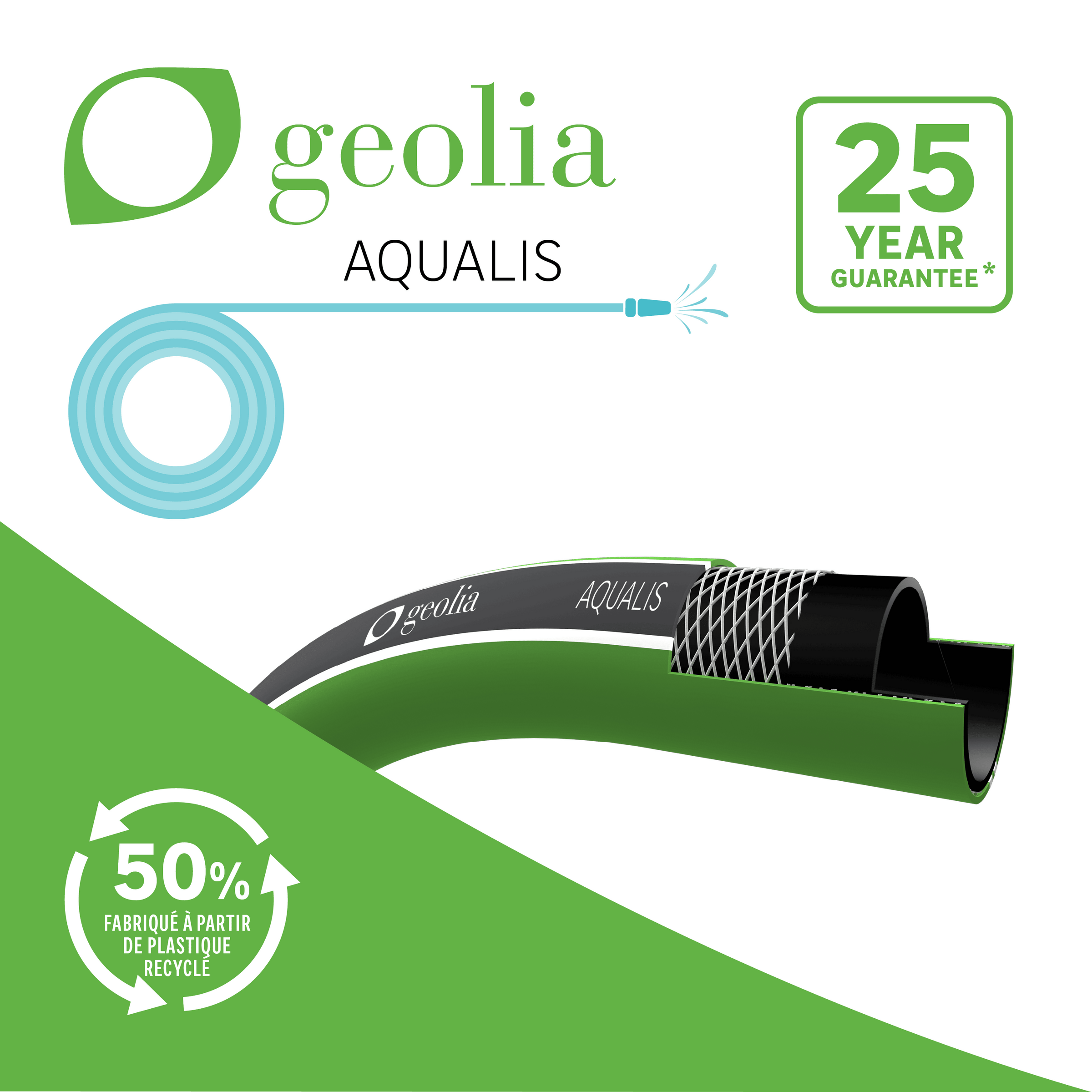 Aqualis watering hose, 15mm diameter, 20 metres, with Geolia spray gun kit
