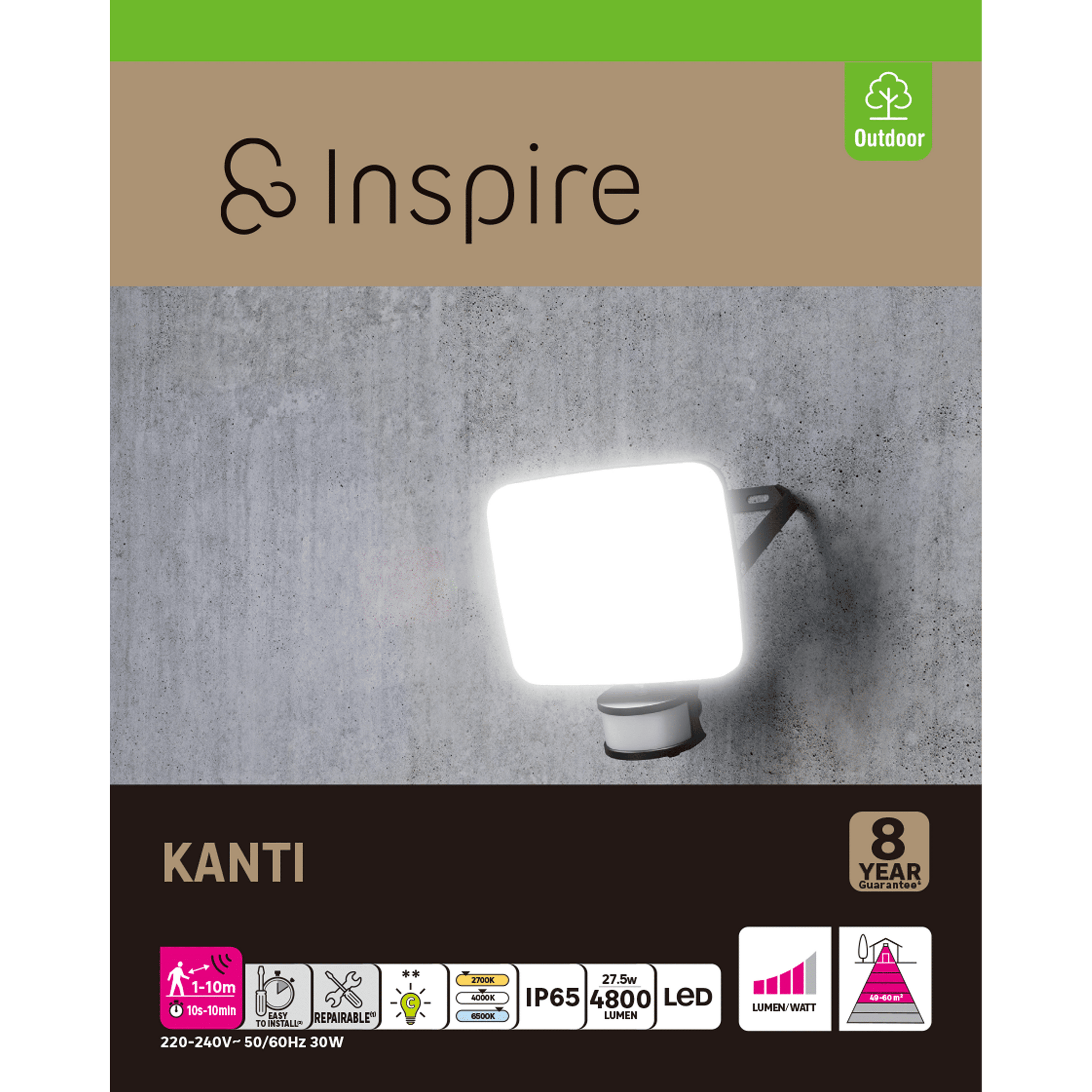 White aluminium Kanti spotlight, 19.2 x 7.4 cm, 30W LED, natural light, with motion sensor