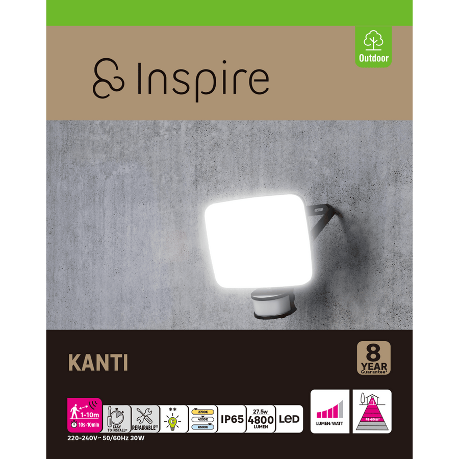 White aluminium Kanti spotlight, 19.2 x 7.4 cm, 30W LED, natural light, with motion sensor