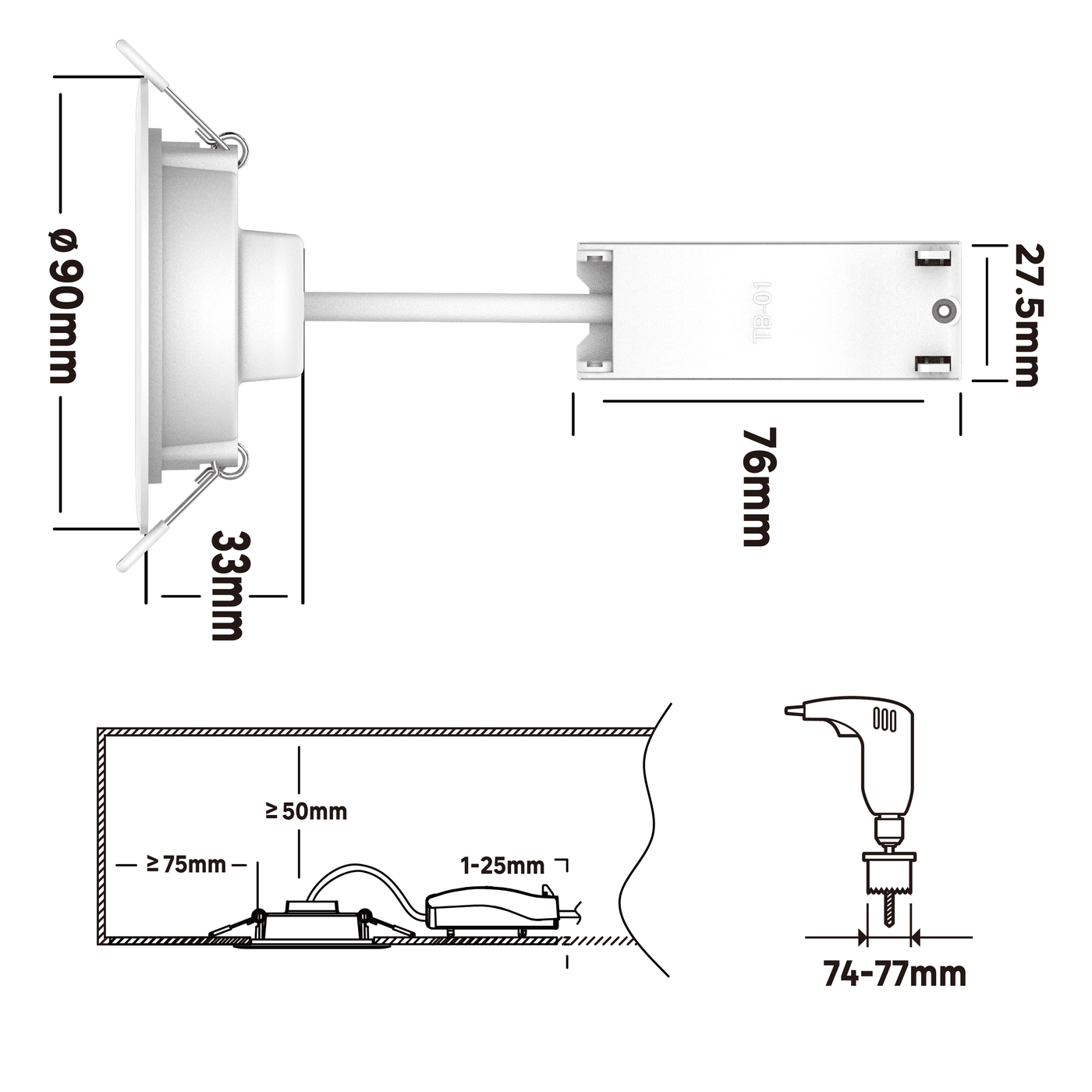 10 white plastic recessed spotlights, 9 cm diameter, 3W LED, natural light