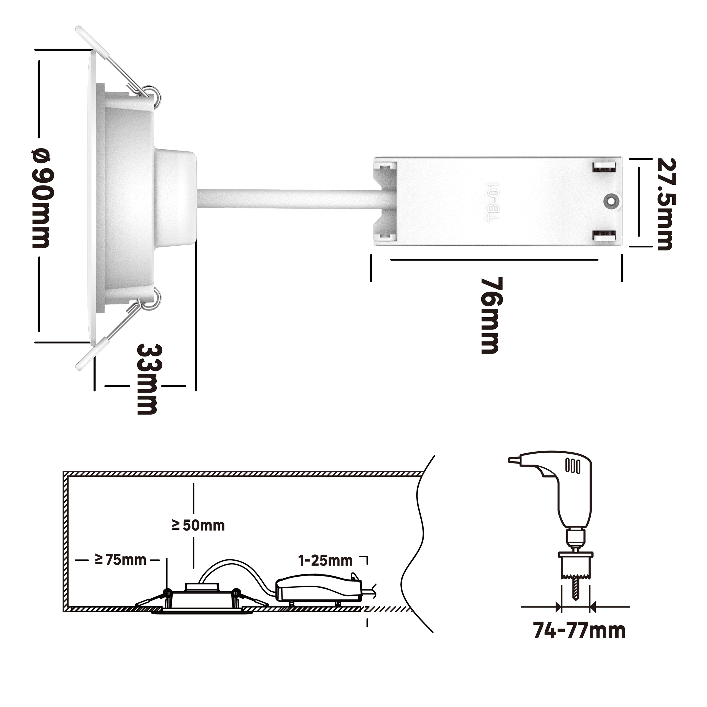 10 white plastic recessed spotlights, 9 cm diameter, 3W LED, natural light