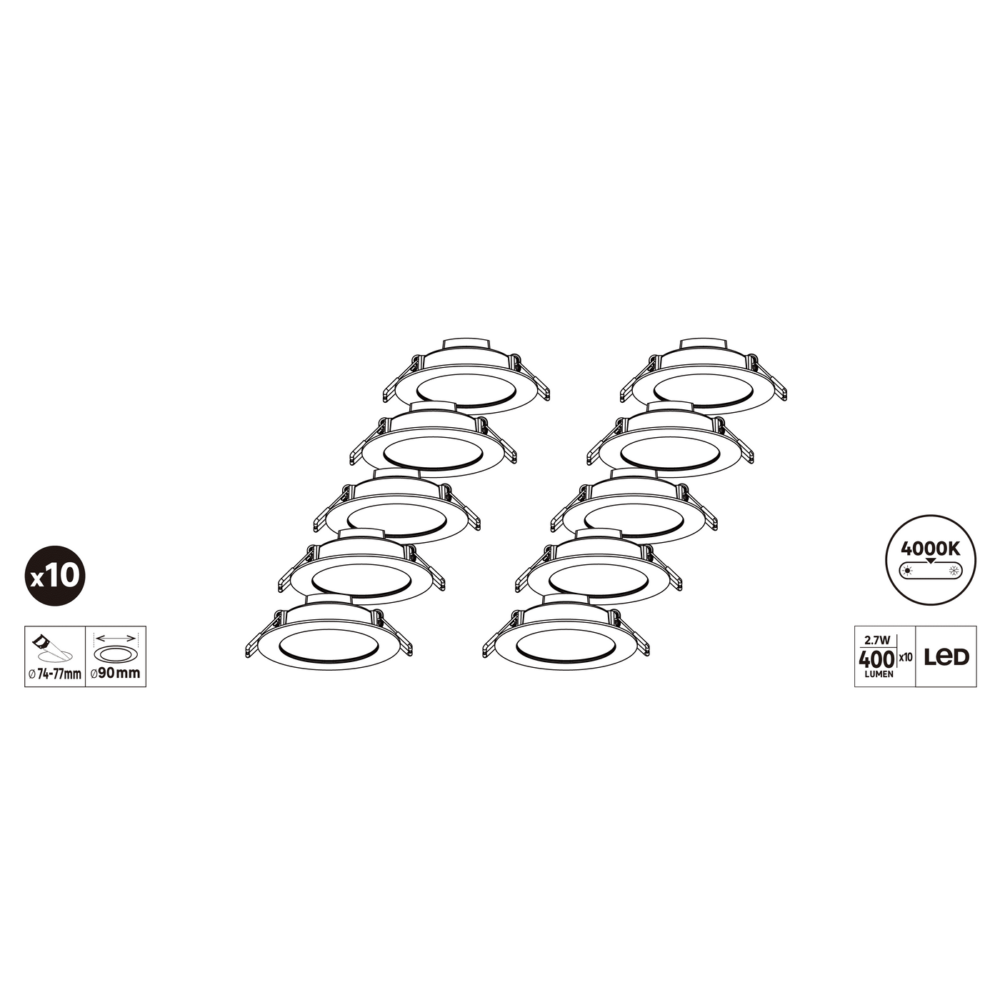 10 white plastic recessed spotlights, 9 cm diameter, 3W LED, natural light