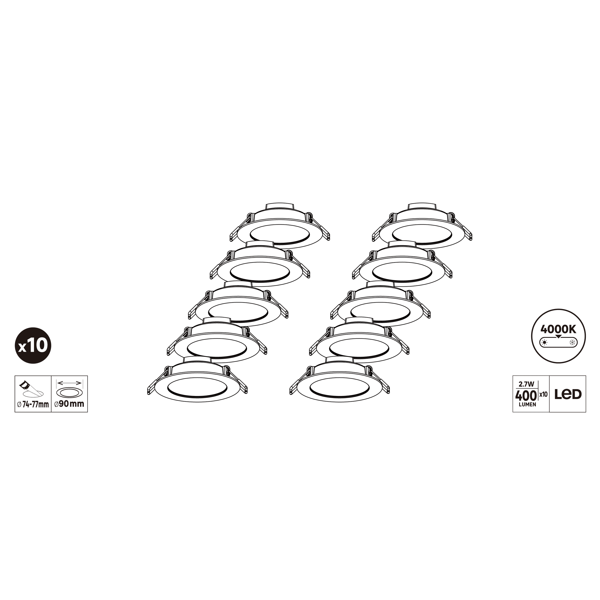 10 white plastic recessed spotlights, 9 cm diameter, 3W LED, natural light