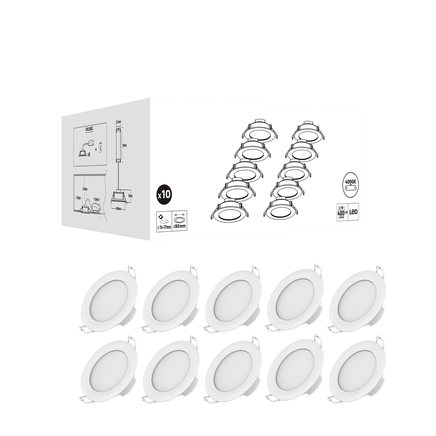 10 white plastic recessed spotlights, 9 cm diameter, 3W LED, natural light