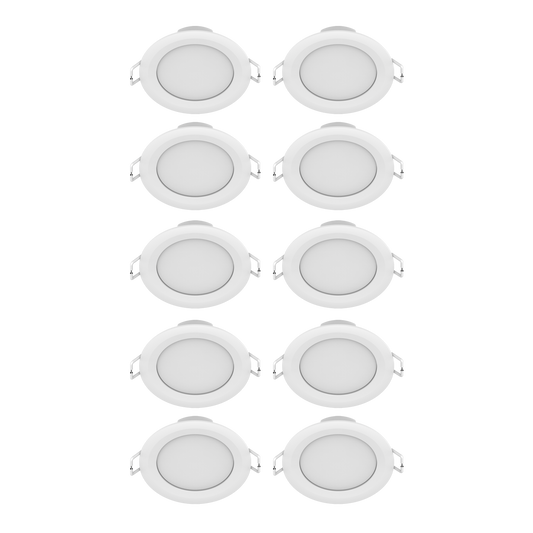 10 white plastic recessed spotlights, 9 cm diameter, 3W LED, natural light