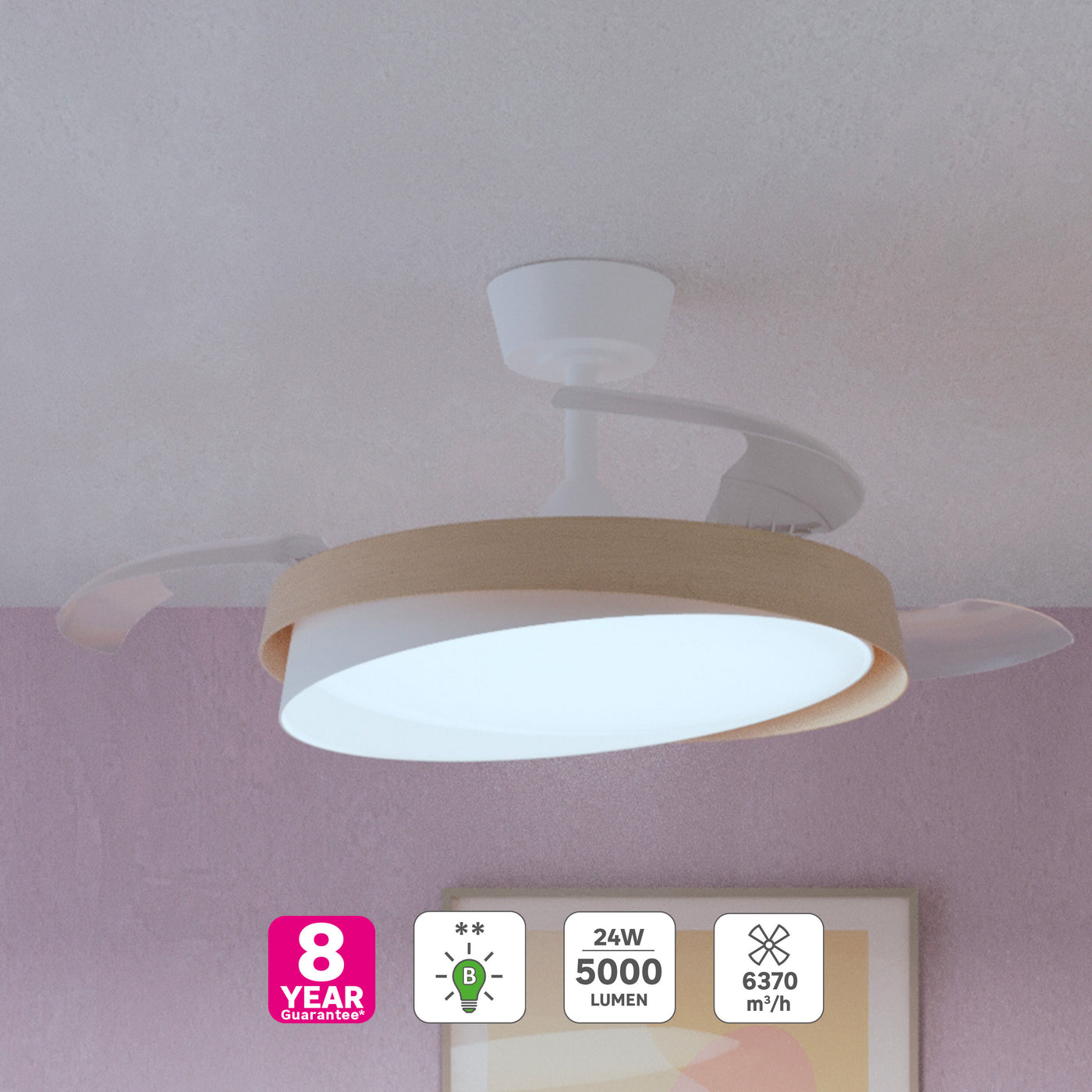 Khunh ceiling light with fan, white plastic and natural wood, D106 cm, LED 4500lm CCT dimmable