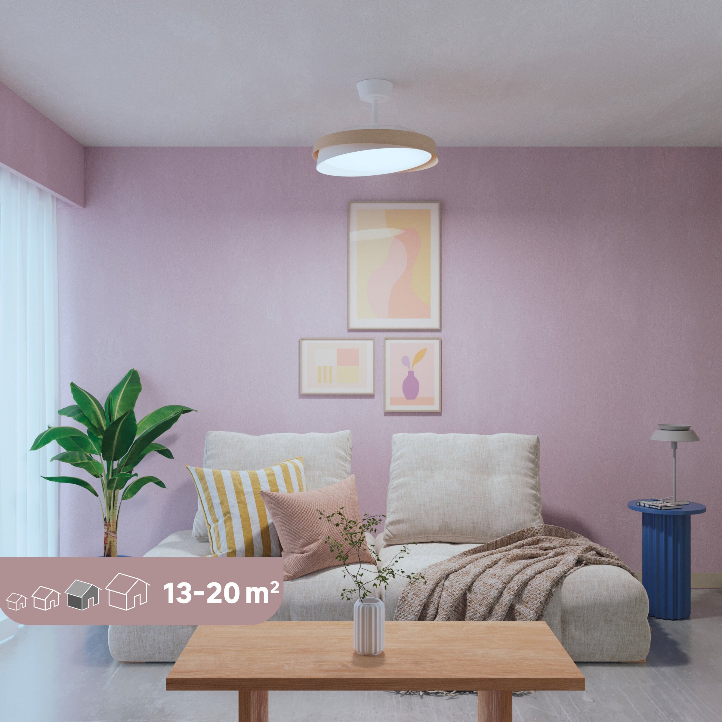 Khunh ceiling light with fan, white plastic and natural wood, D106 cm, LED 4500lm CCT dimmable