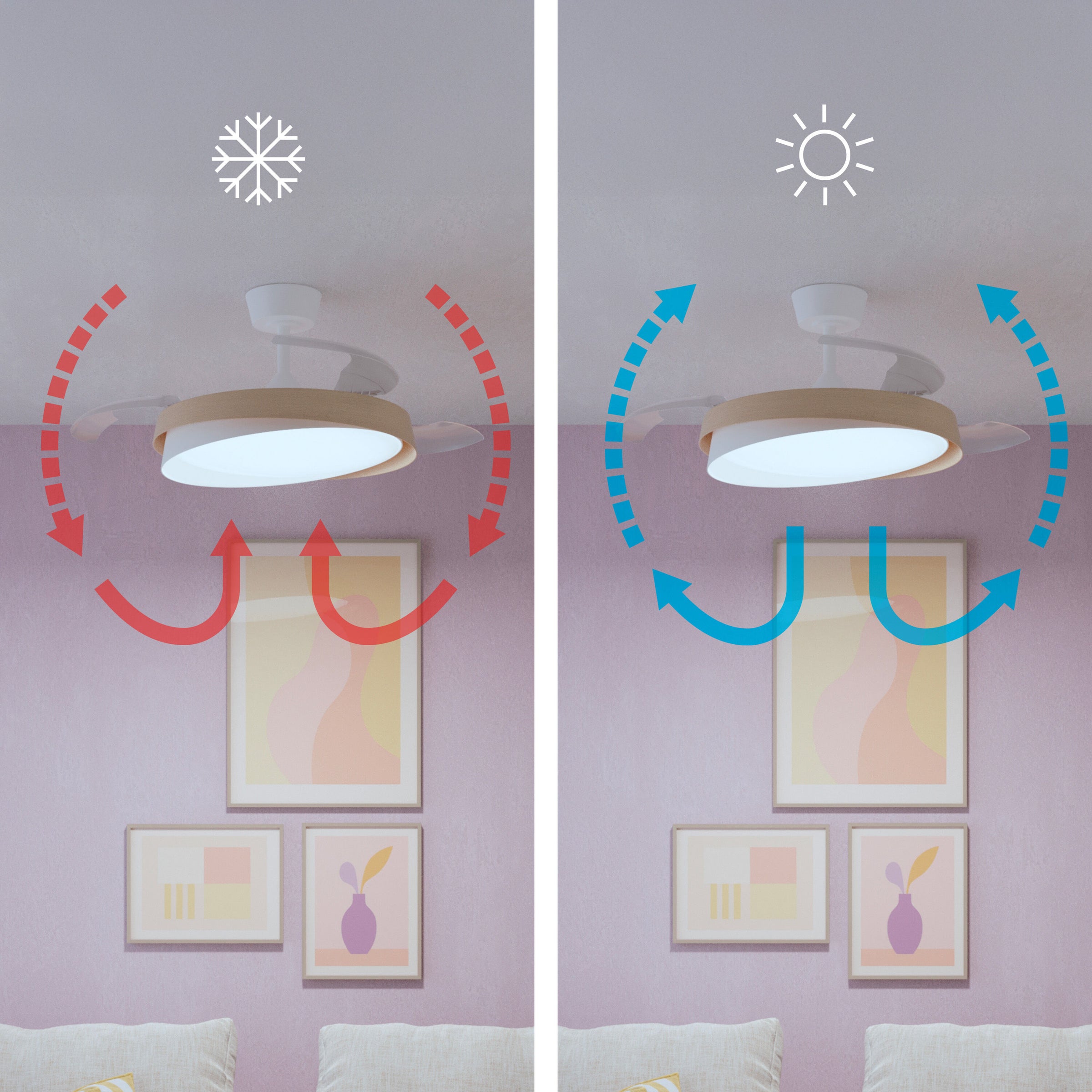 Khunh ceiling light with fan, white plastic and natural wood, D106 cm, LED 4500lm CCT dimmable