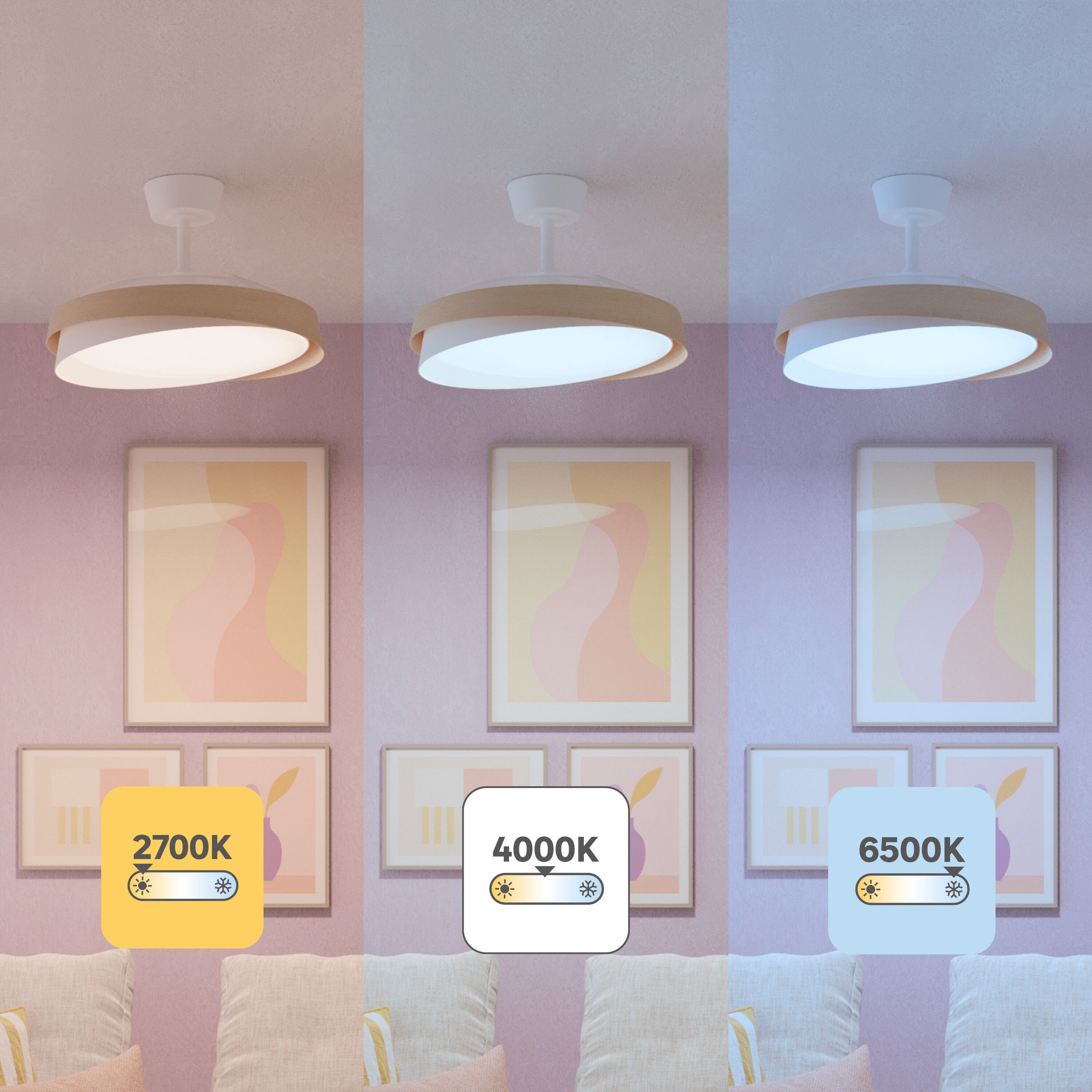 Khunh ceiling light with fan, white plastic and natural wood, D106 cm, LED 4500lm CCT dimmable