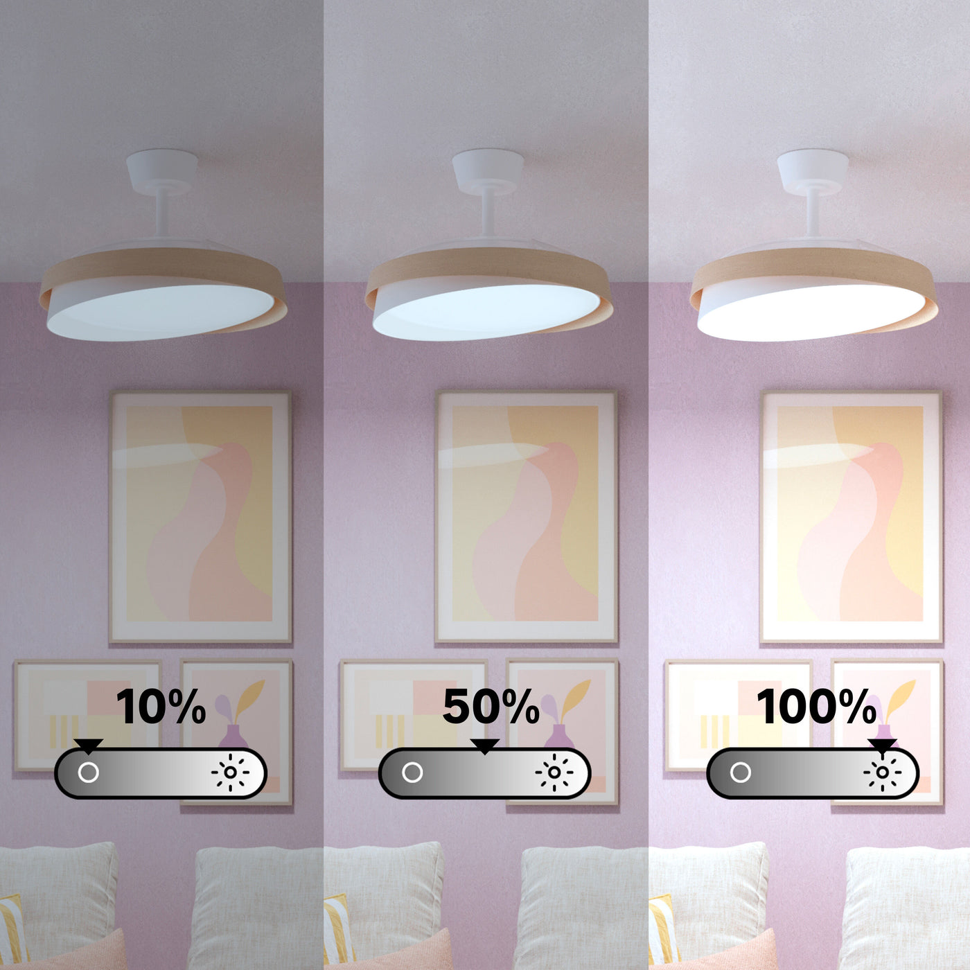 Khunh ceiling light with fan, white plastic and natural wood, D106 cm, LED 4500lm CCT dimmable