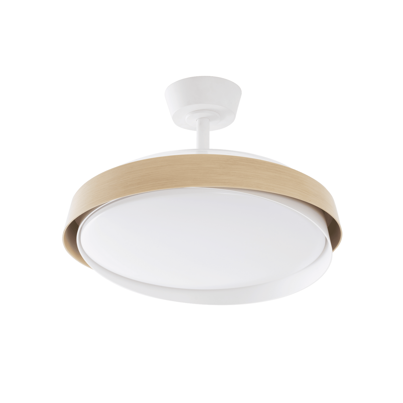 Khunh ceiling light with fan, white plastic and natural wood, D106 cm, LED 4500lm CCT dimmable